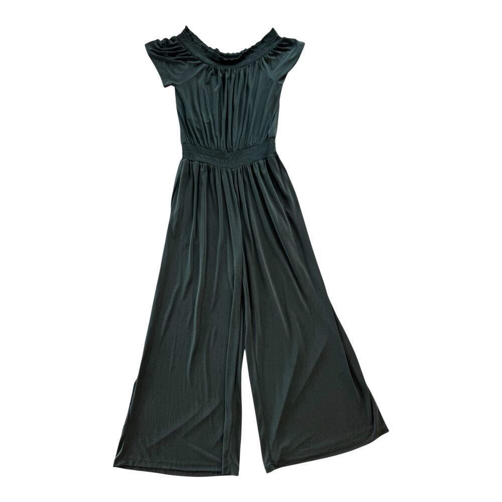 Anthropologie Rebecca Smocked Wide Leg Jumpsuit Teal Women’s Medium Off Shoulder - Picture 3 of 16